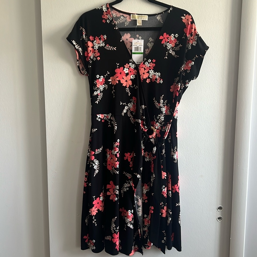 Floral Wrap Dress - Black with Coral Pink Flowers